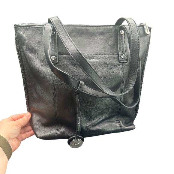 Tommy Bahama Black Leather Tote Bag Zip Top Shoulder Purse - Picture 3 of 15